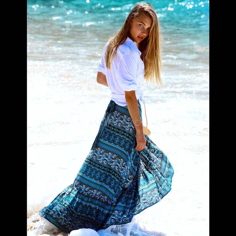 NEW ⭐️ Blue Boho Print Maxi Wrap Skirt w/ Ruffles